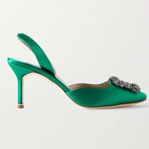 Manila Blahnik Hangisli 70 embellished satin sling back pumps size 41 green